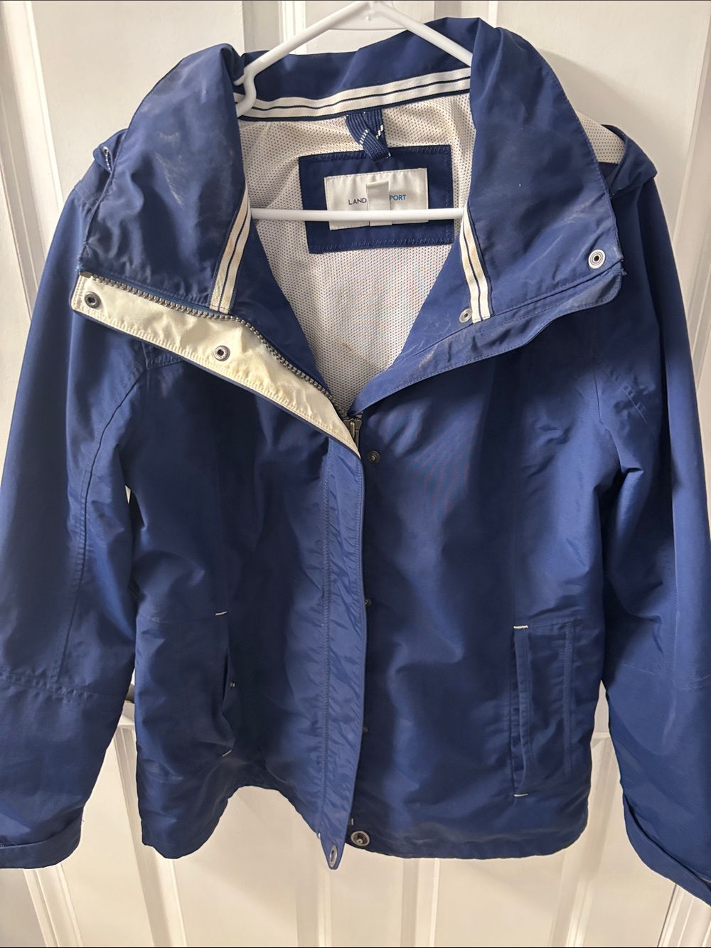 Lands' End Blue Hooded Bomber Jacket with Cream Trim